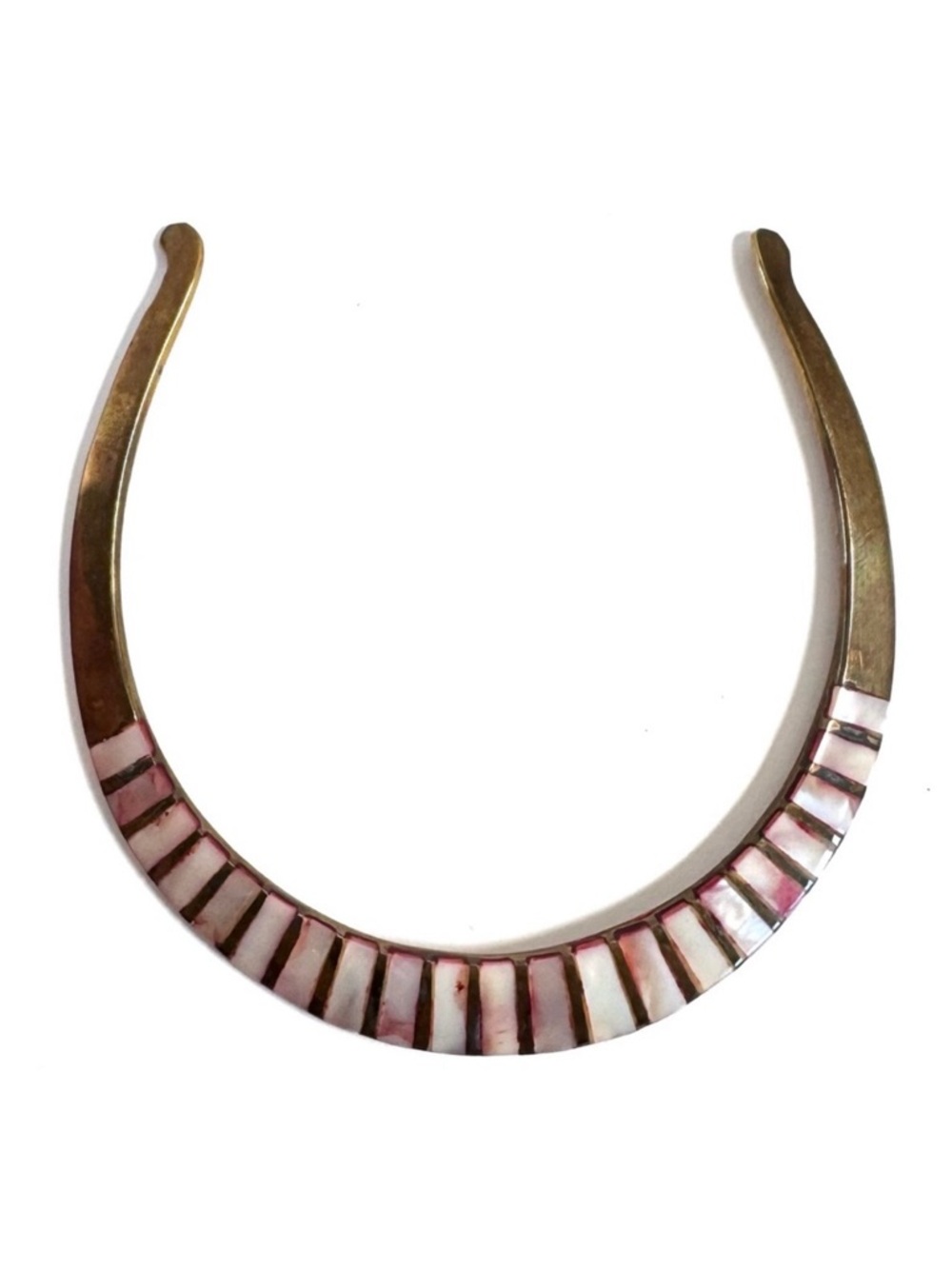 Brass Torque Necklace Choker with Shell Inlay Vintage Statement Collar